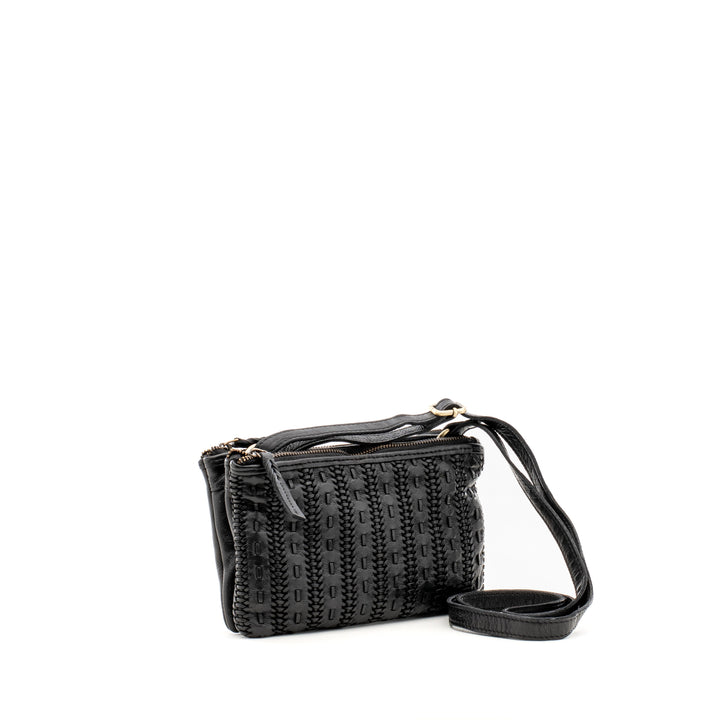 Black woven crossbody bag with adjustable strap