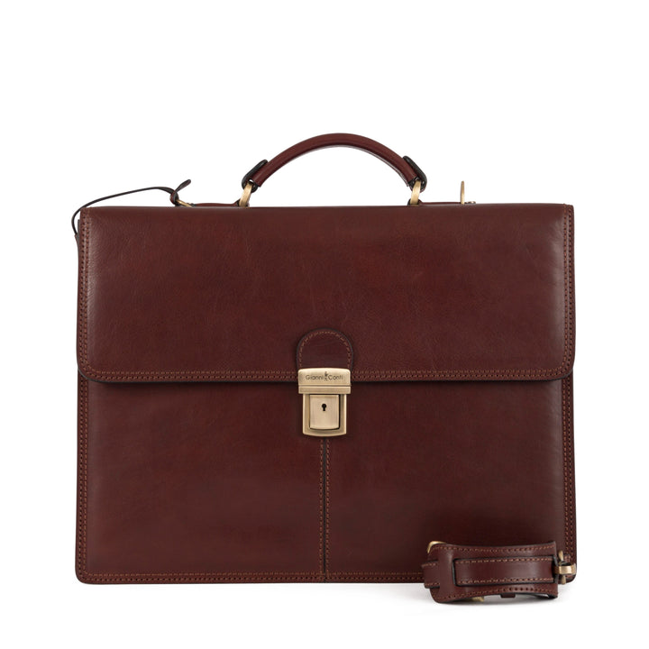 Luxury brown leather briefcase with gold lock and detachable strap