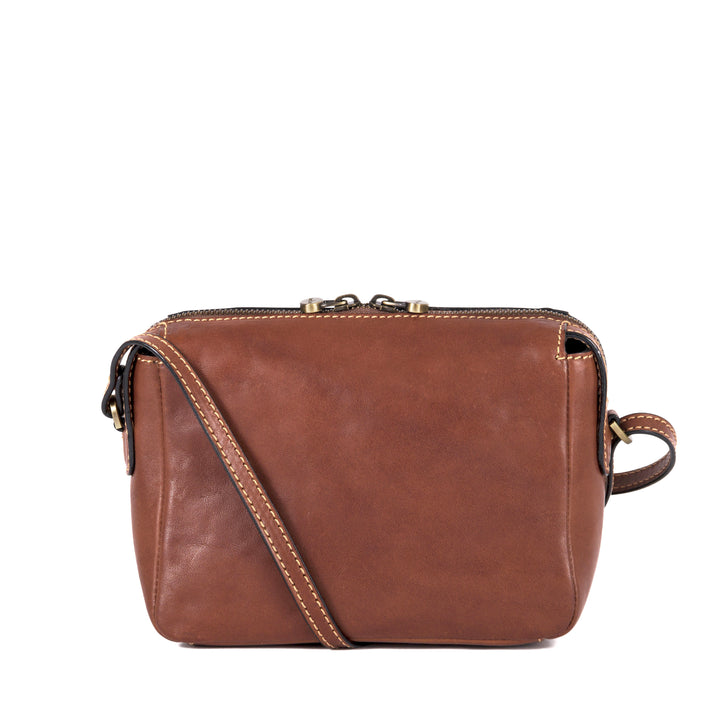 Brown leather crossbody bag with a strap and gold hardware