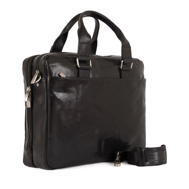 Black leather laptop bag with handles and a detachable shoulder strap