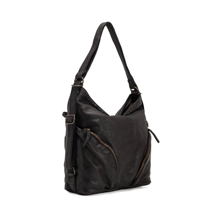 Black leather shoulder bag with zipper pockets and adjustable strap