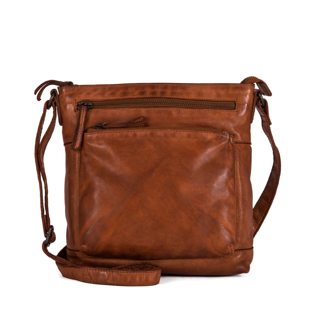 Brown leather crossbody bag with front zipper pockets and adjustable strap