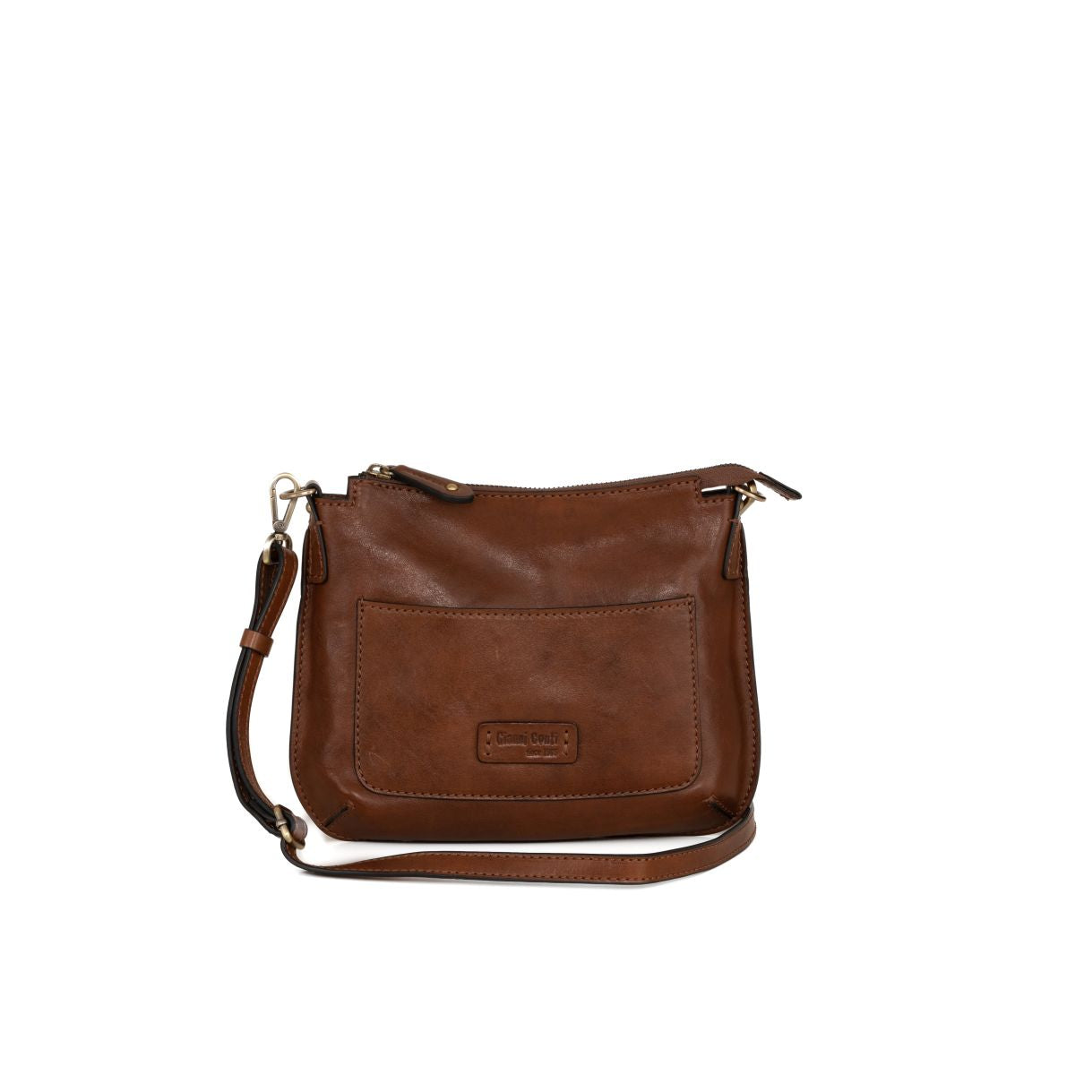 Brown leather crossbody bag with front pocket and adjustable strap