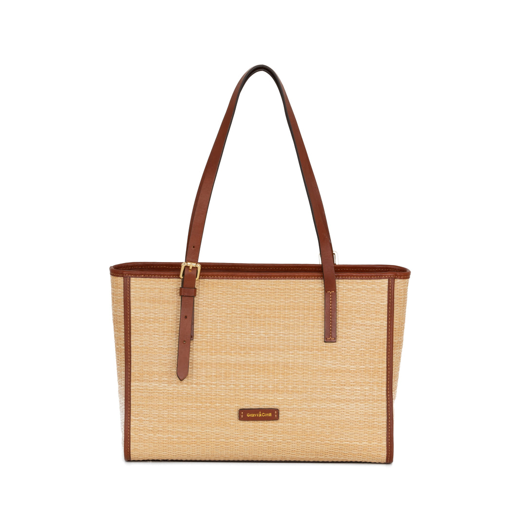 Stylish beige and brown tote bag with leather handles