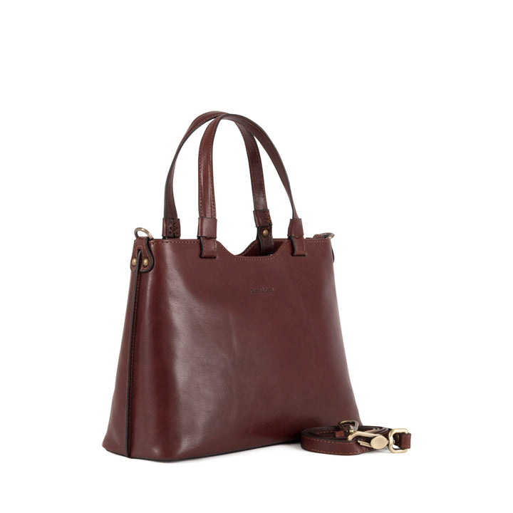 Brown leather handbag with detachable shoulder strap