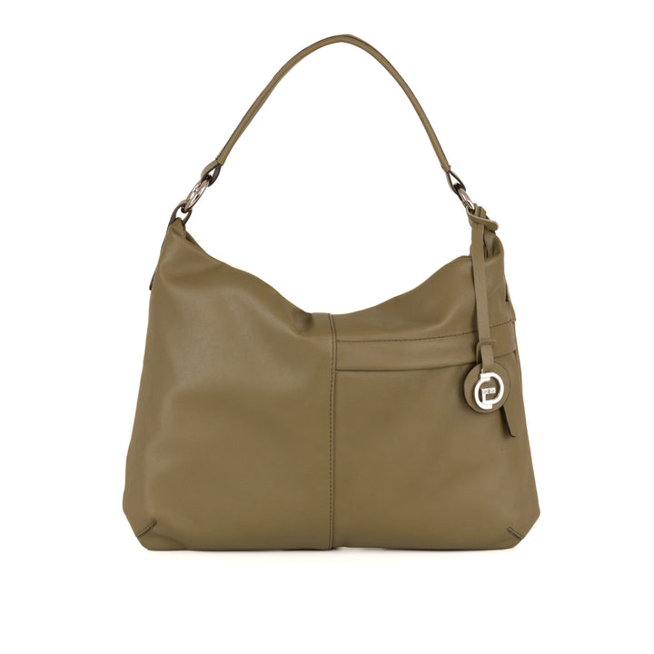 Olive green leather hobo handbag with shoulder strap and decorative pendant