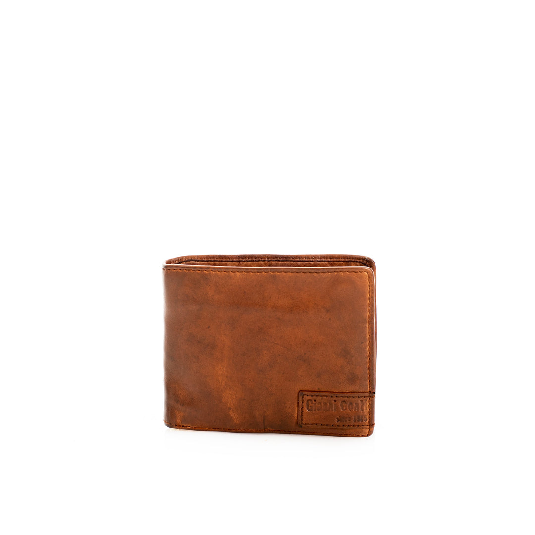 Brown leather wallet with embossed logo on a white background