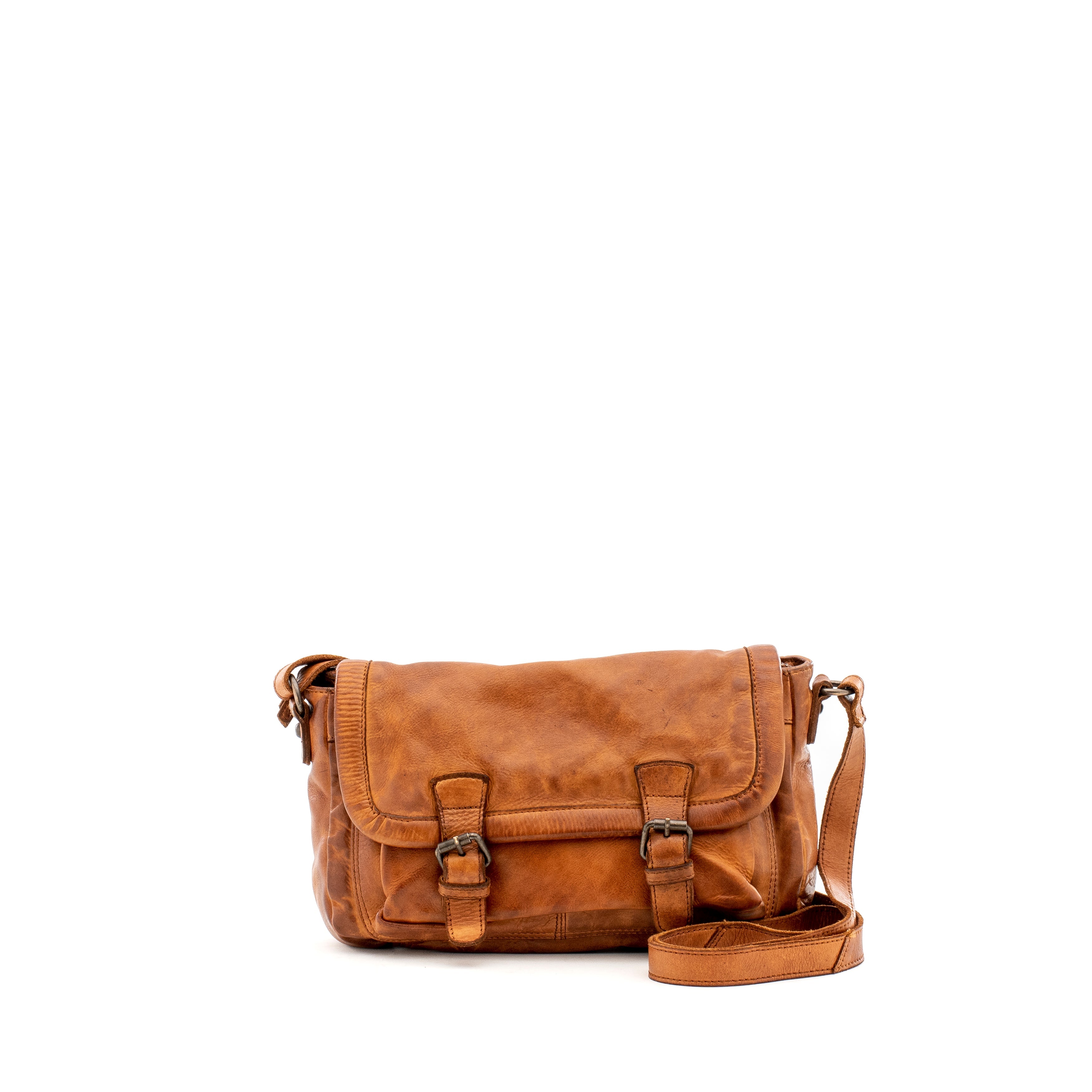 Brown leather satchel bag with adjustable strap and buckle closures