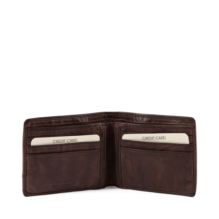 Brown leather wallet open showing credit cards inside