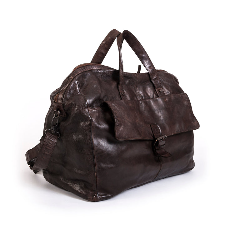 Vintage-style dark brown leather weekender bag with buckle and handle