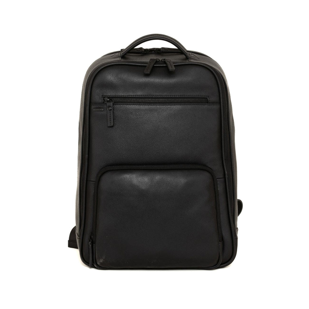 Black leather backpack with front pockets and top handle