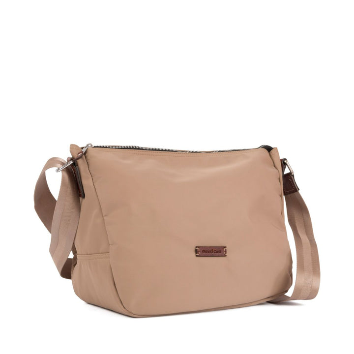 Beige crossbody handbag with adjustable strap and zipper closure