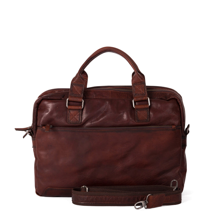 Brown leather briefcase with shoulder strap and front zipper pocket