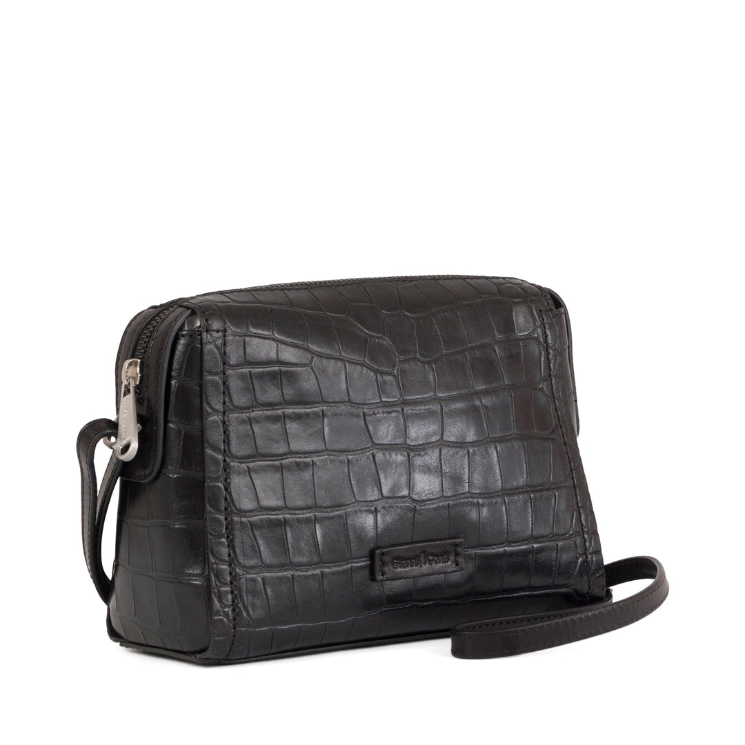 Black crocodile pattern leather handbag with wrist strap