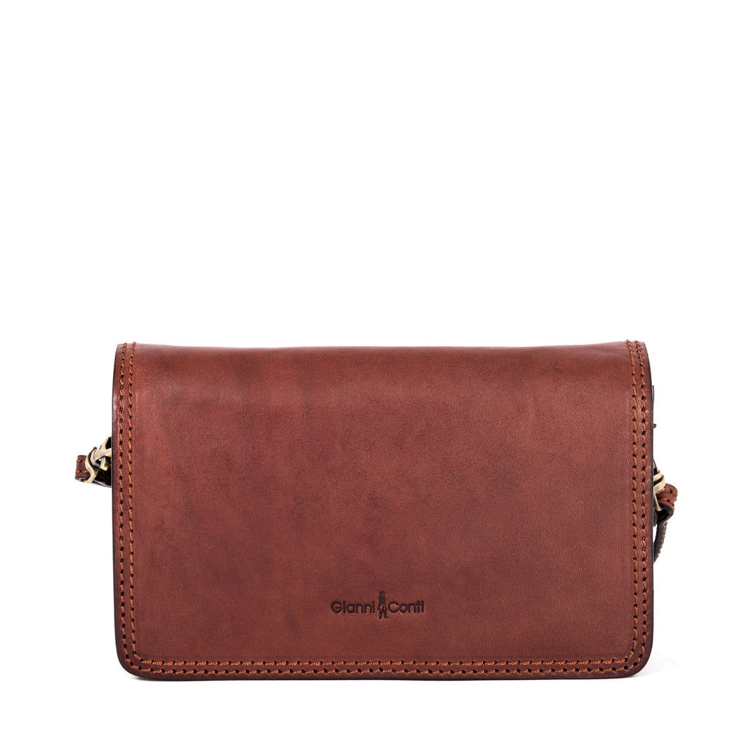 Brown leather clutch bag with strap and clasp details