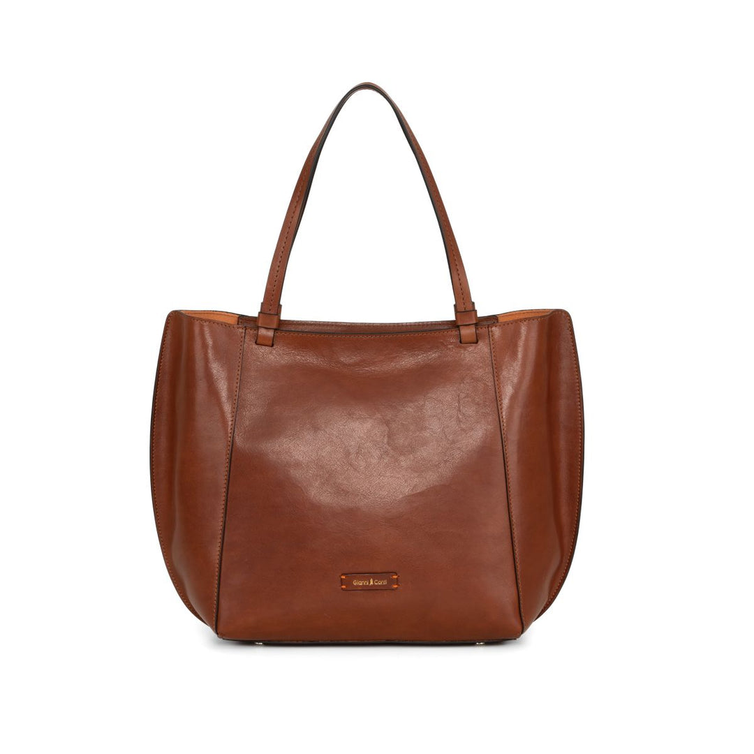 Brown leather tote bag with dual handles and brand logo on the front