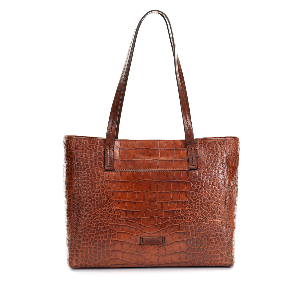 Brown leather crocodile-embossed tote bag with dual handles