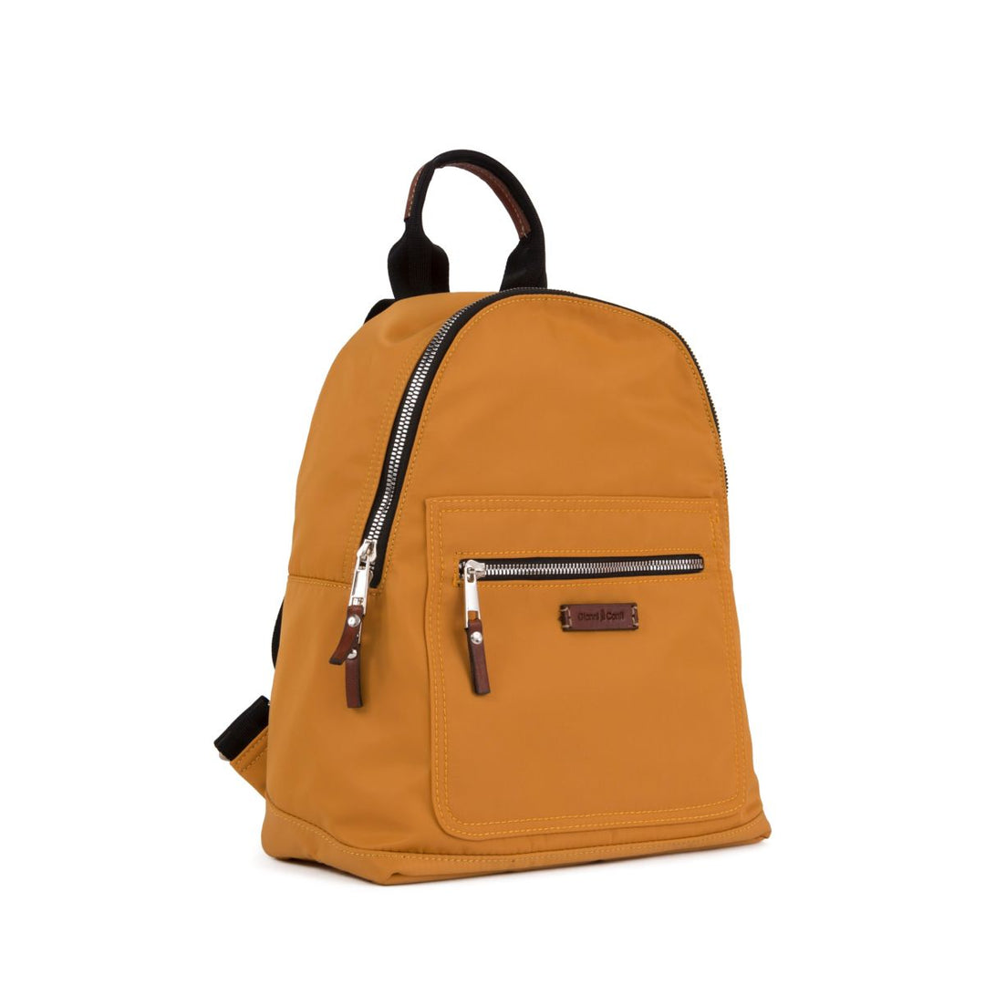 Yellow backpack with front zip pocket and black straps