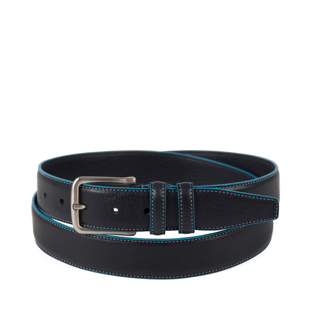 Black leather belt with metal buckle and blue stitching