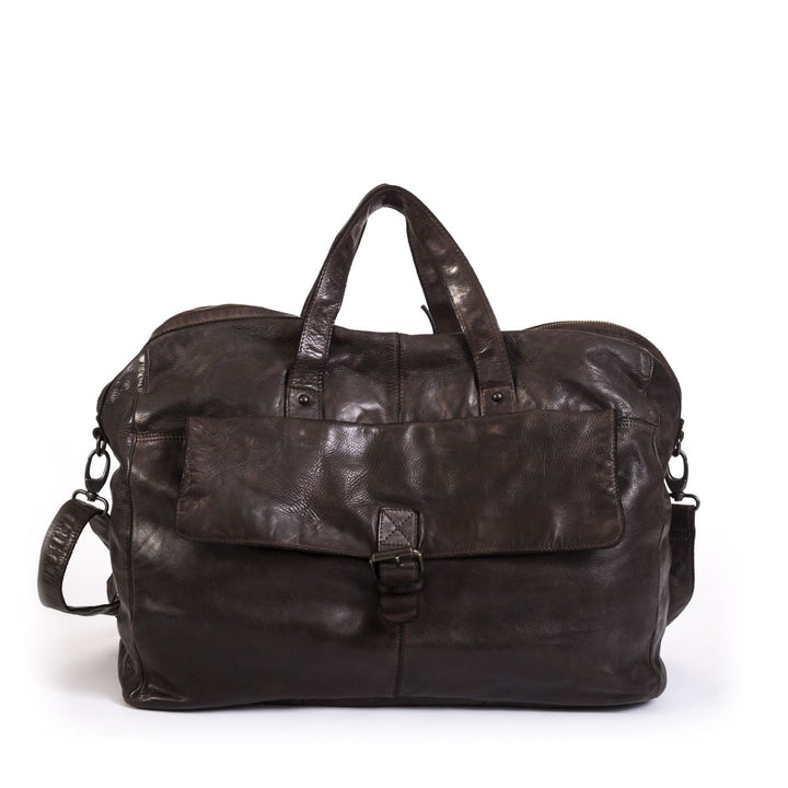 Large brown leather duffel bag with front pocket and shoulder strap