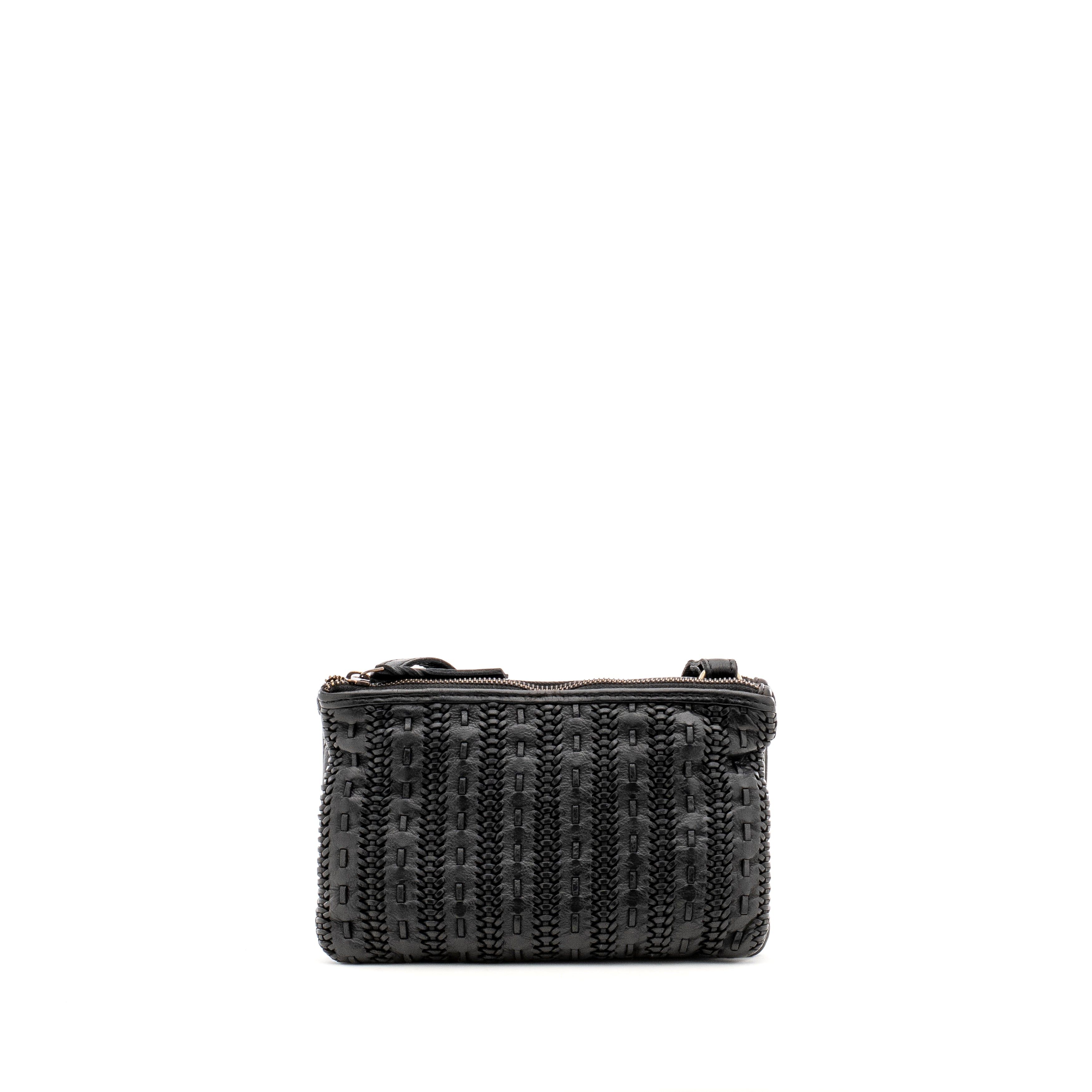 Black woven leather clutch bag with zipper closure