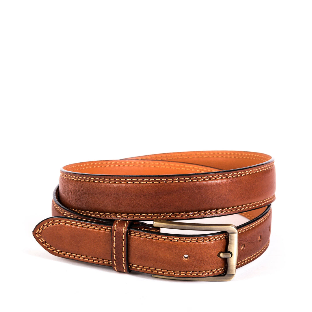 Brown leather belt with brass buckle