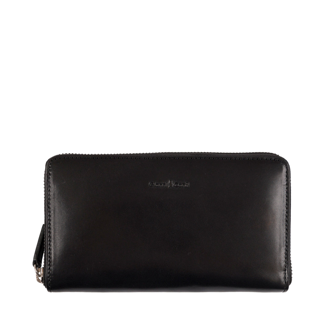 A black leather zip-around wallet on a white background