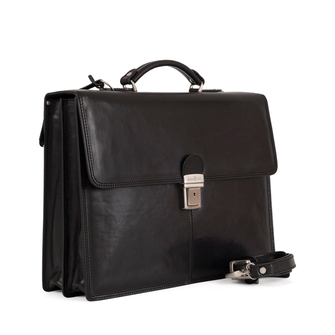 Black leather briefcase with handle and buckle lock on white background