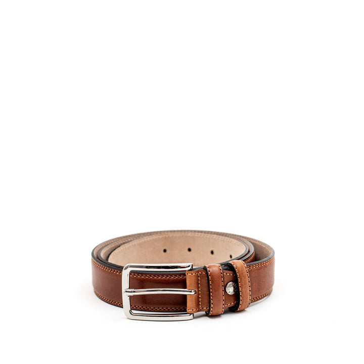 Brown leather belt with silver buckle on white background