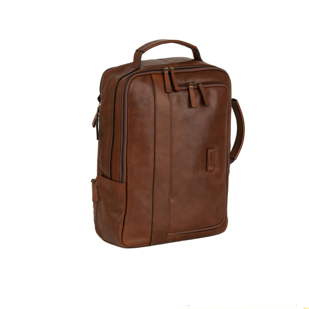 Brown leather backpack with multiple compartments and side handle