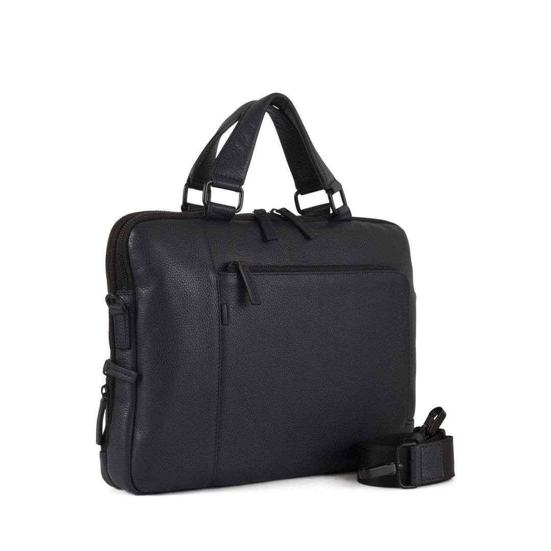 Black leather laptop bag with adjustable shoulder strap and multiple compartments