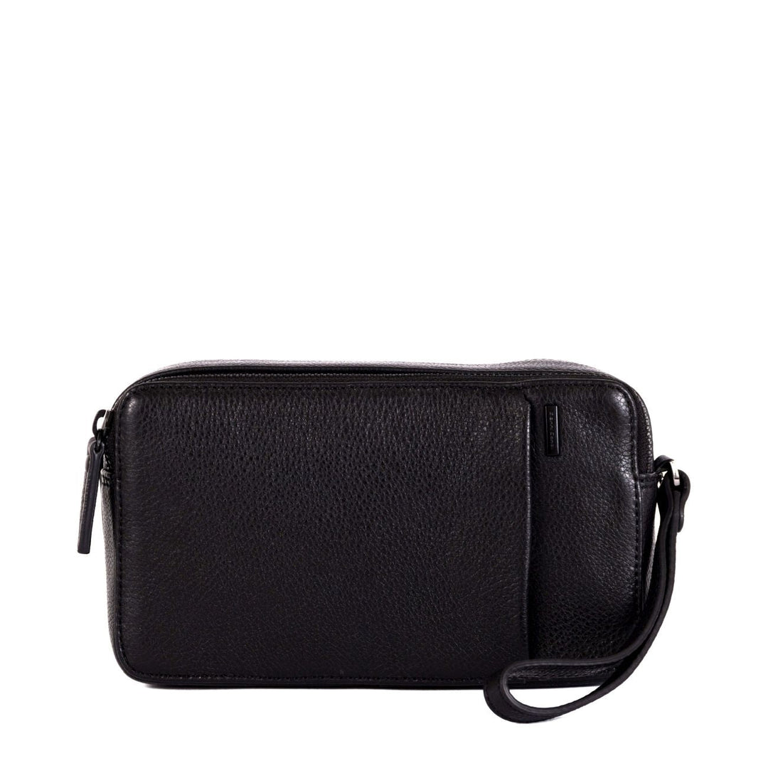 Black leather wristlet clutch bag with zipper closure
