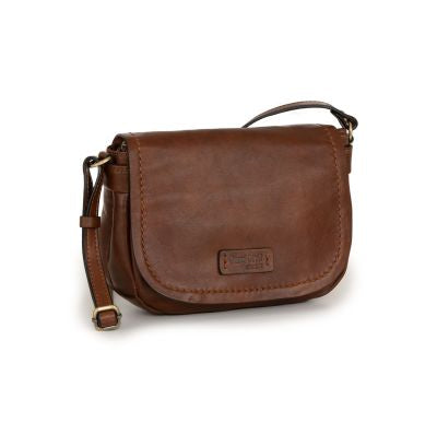 Brown leather crossbody bag with adjustable strap and front flap
