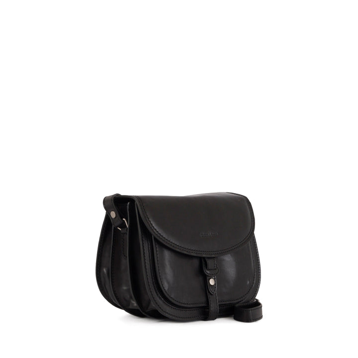 Stylish black leather satchel bag with buckle detail and adjustable strap