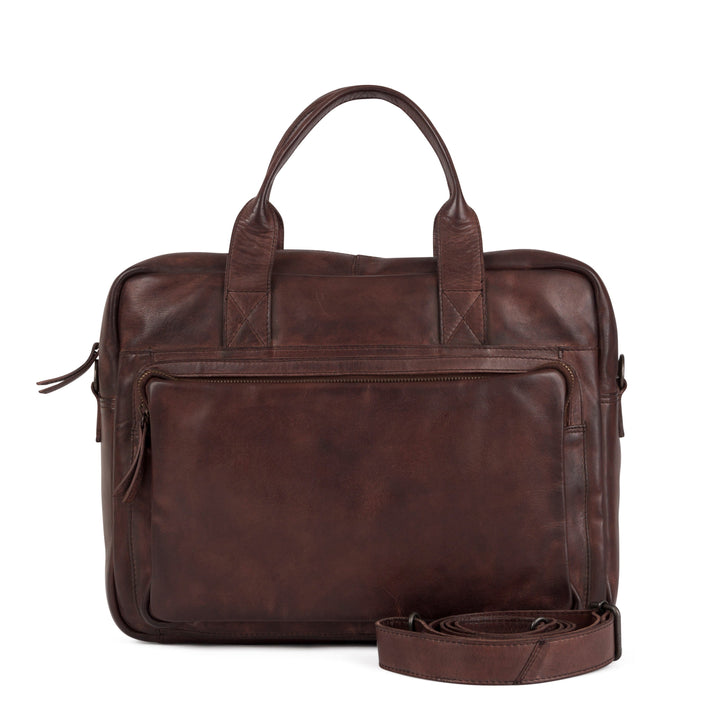 Brown leather satchel with adjustable shoulder strap and zippered pockets