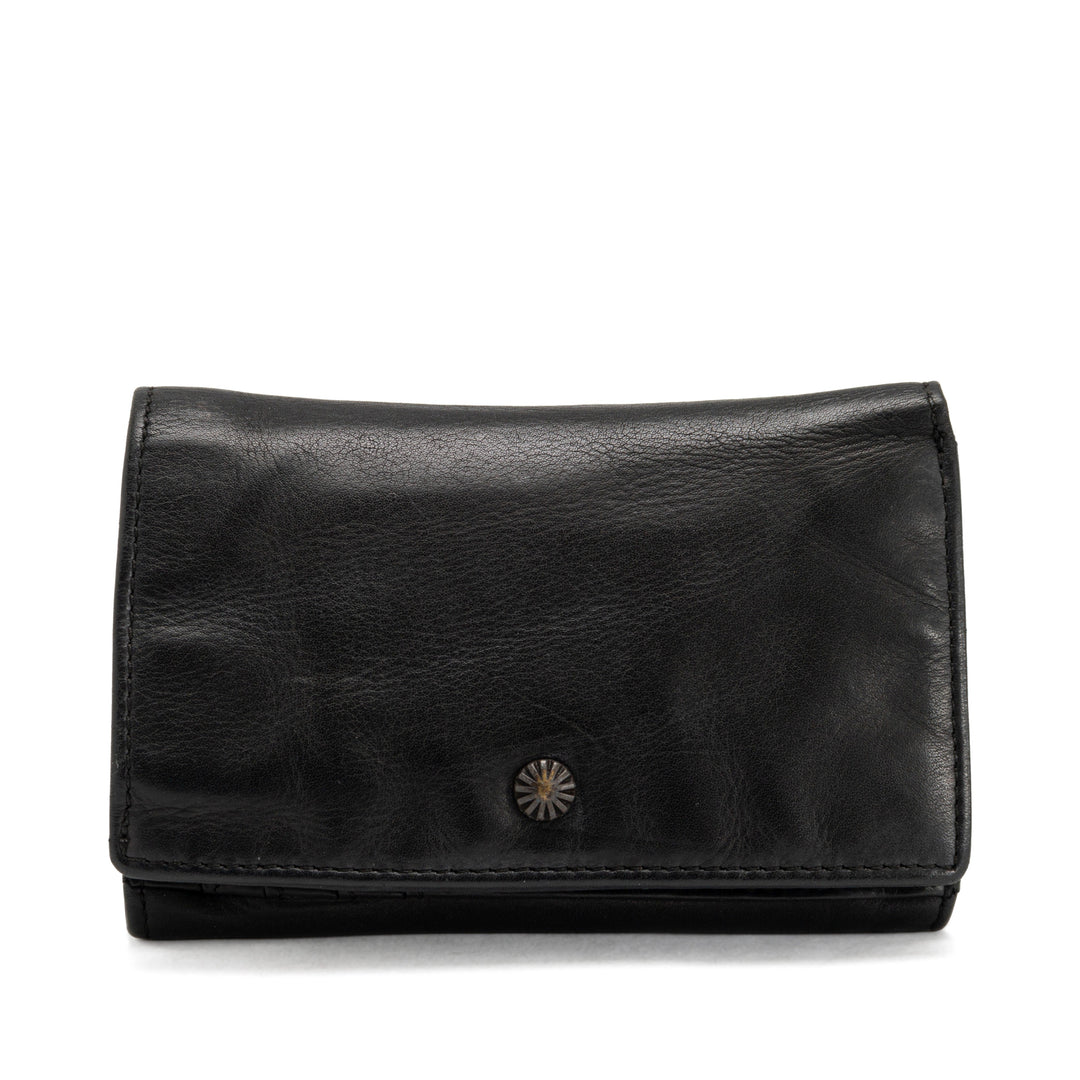 Black leather trifold wallet with a small silver button clasp