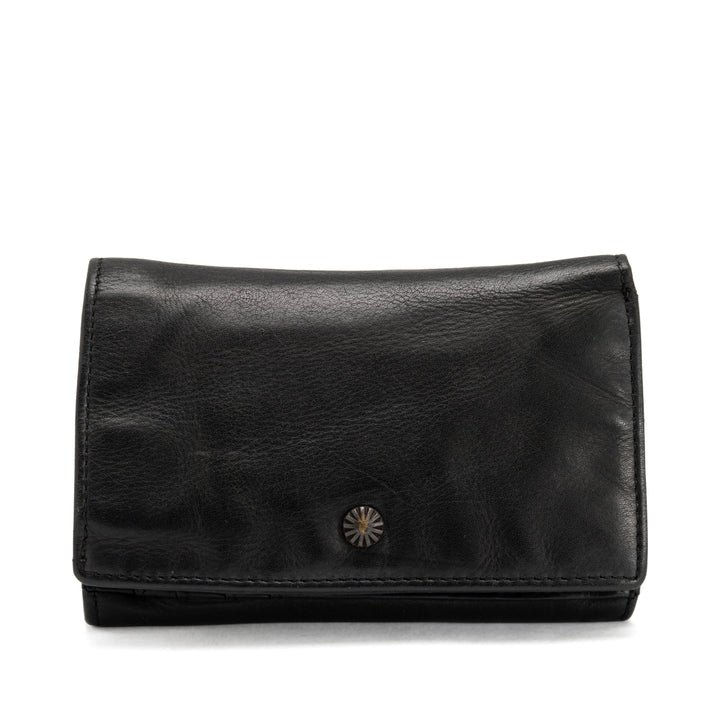 Black leather trifold wallet with a small silver button clasp