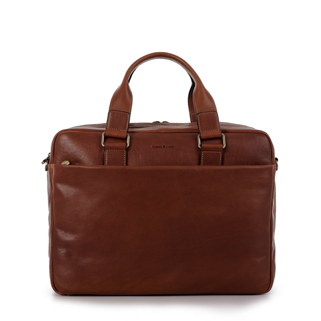 Brown leather briefcase with front pocket and handle straps