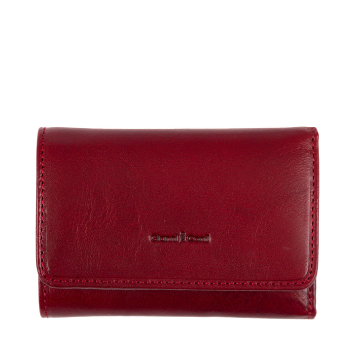 Red leather wallet with embossed logo and stitched edges