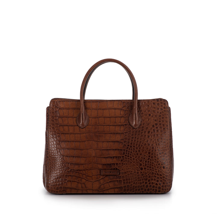 Brown leather handbag with crocodile pattern and dual handles