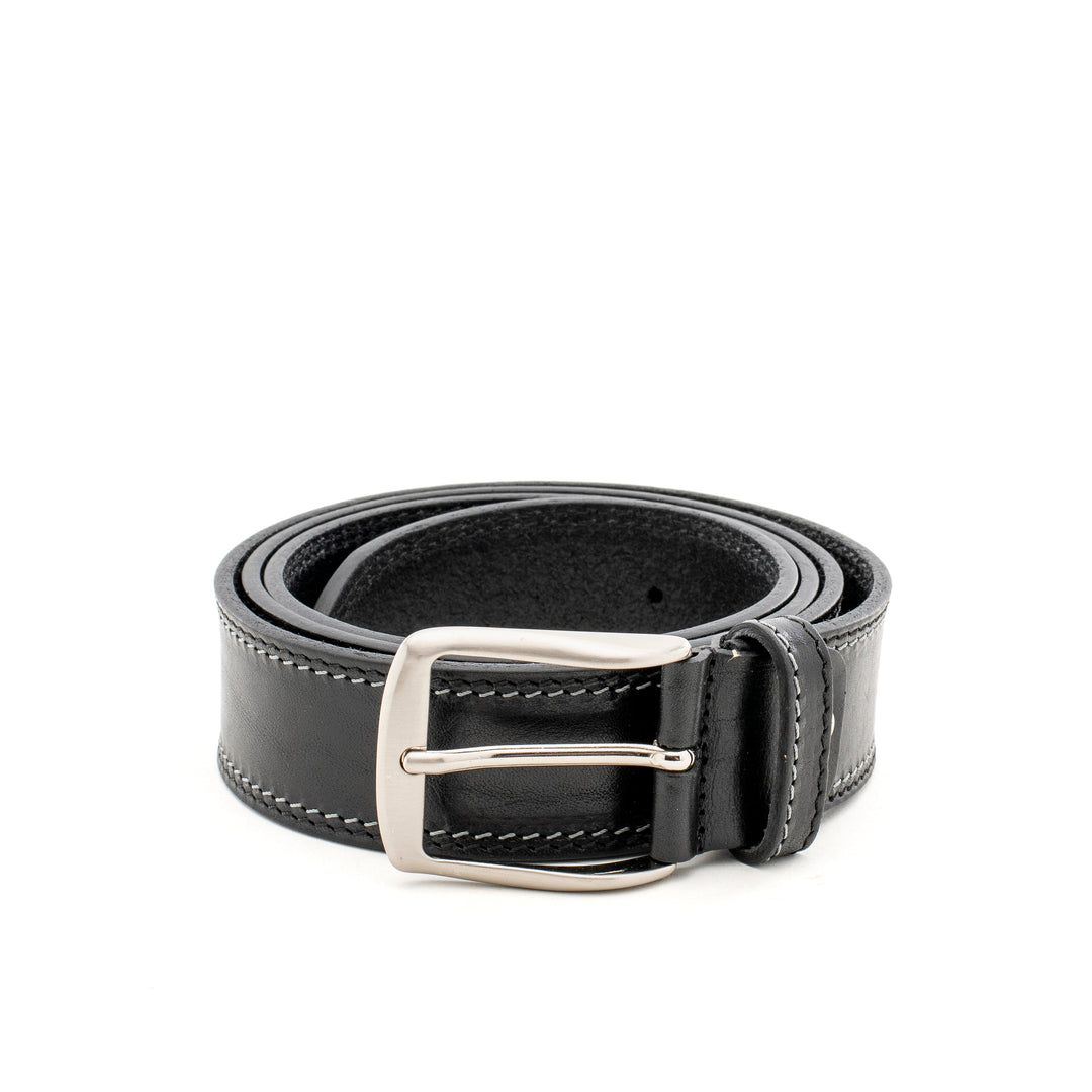 High-quality black leather belt with silver buckle