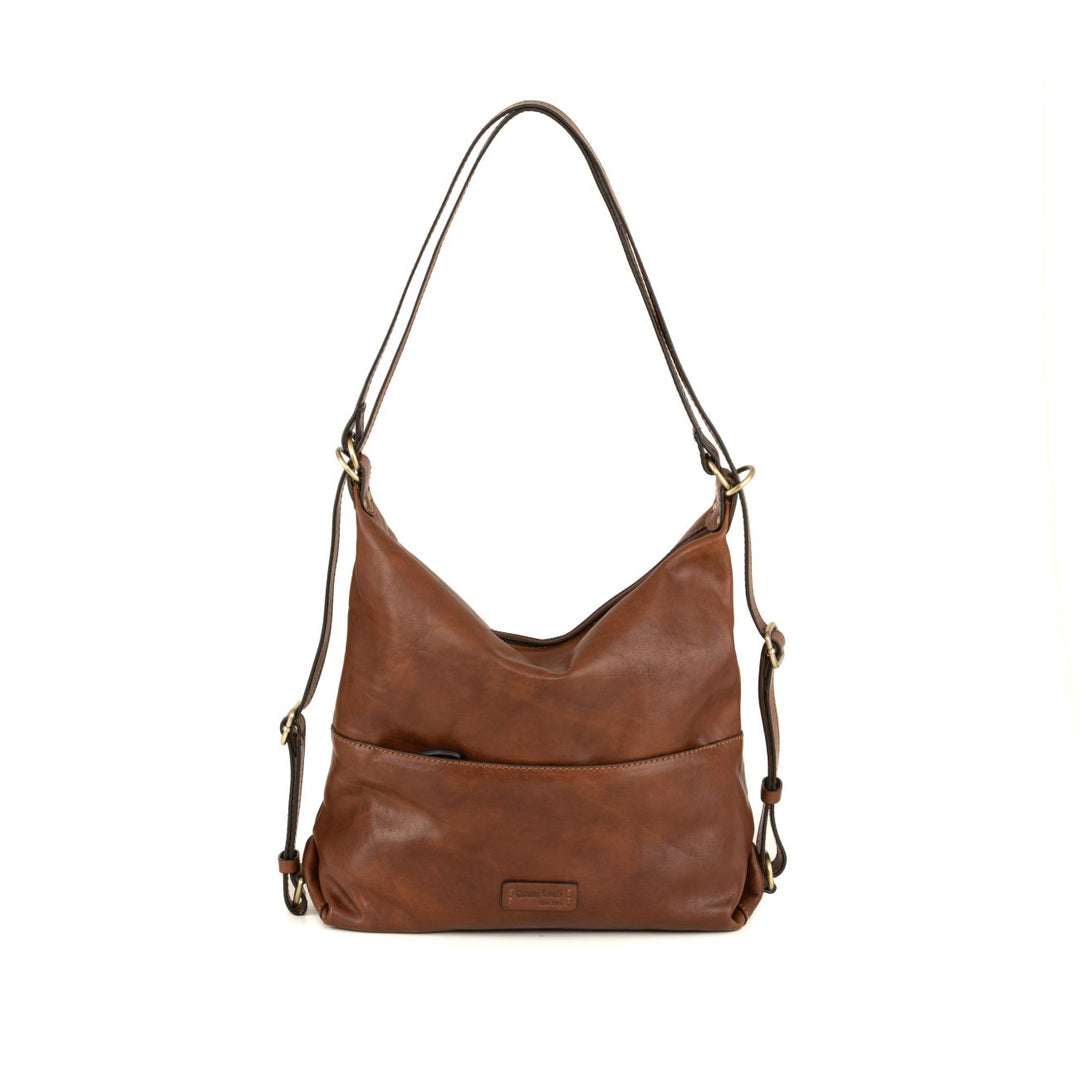Brown leather shoulder bag with adjustable strap and exterior pocket