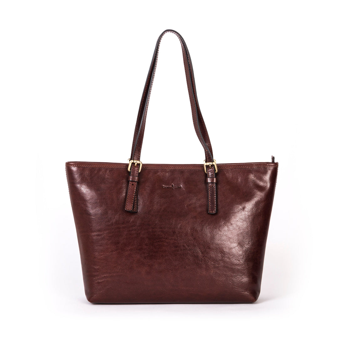 Brown leather tote bag with shoulder straps and gold hardware