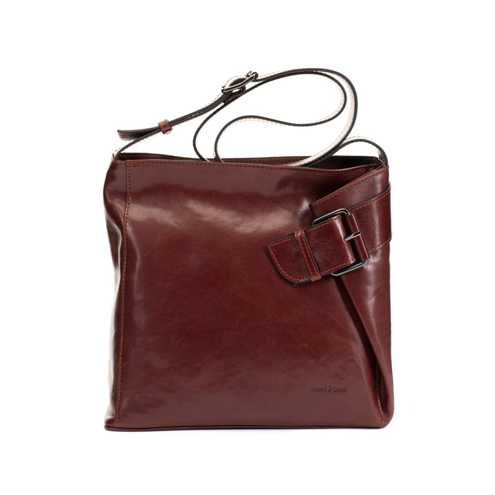 Brown leather shoulder bag with adjustable strap and front buckle