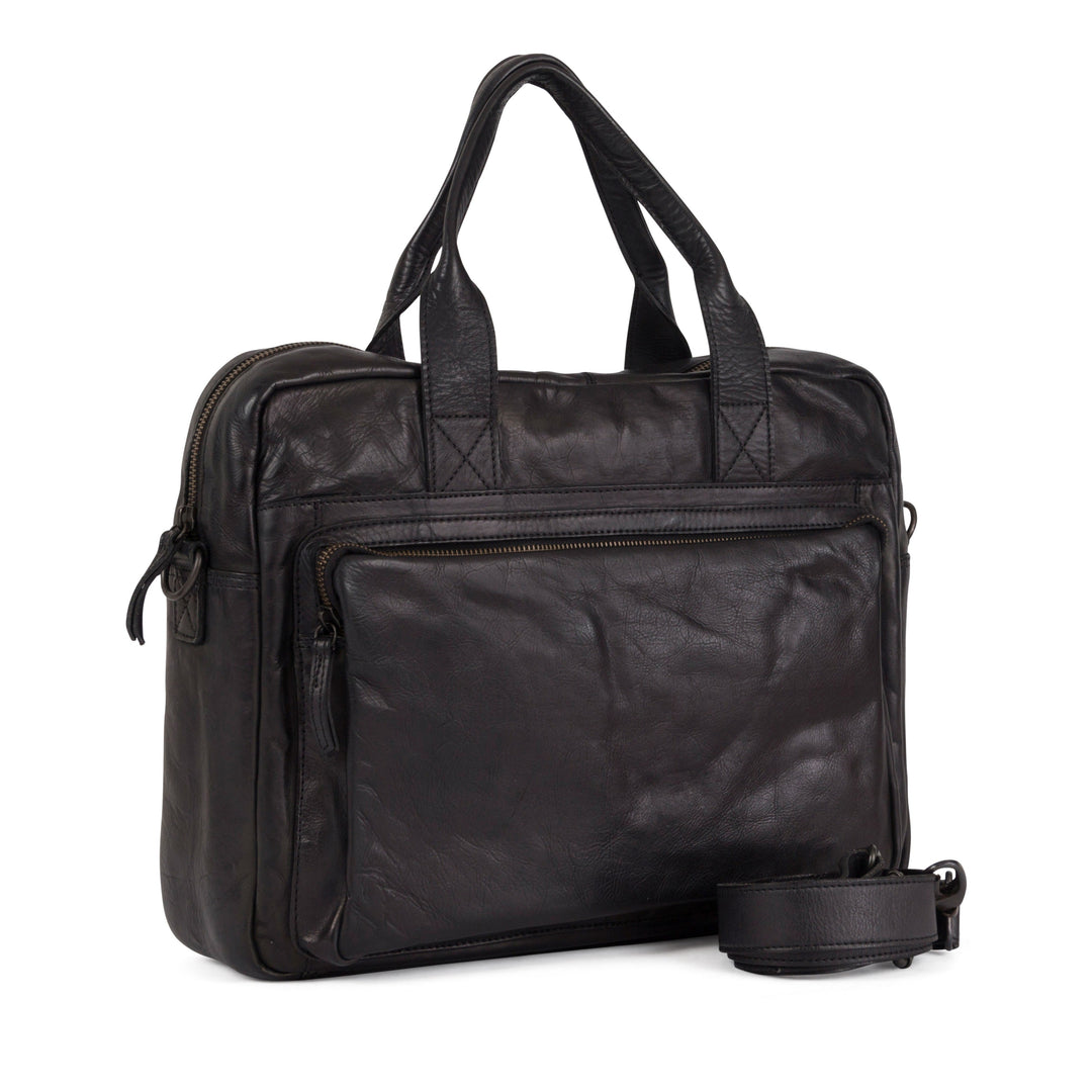 Black leather laptop bag with handles and detachable shoulder strap