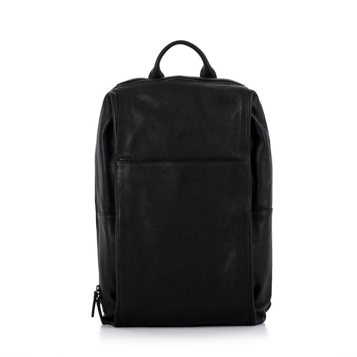 Black leather backpack with multiple compartments and zipper closure on white background