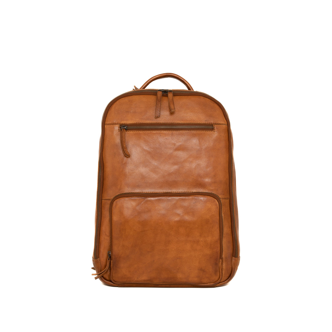 Brown leather backpack with front zipper pocket and handle