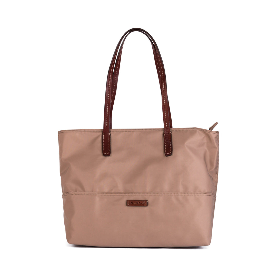 Beige tote bag with brown leather handles