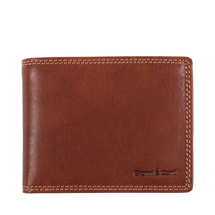 Brown leather wallet with white stitching and embossed brand logo