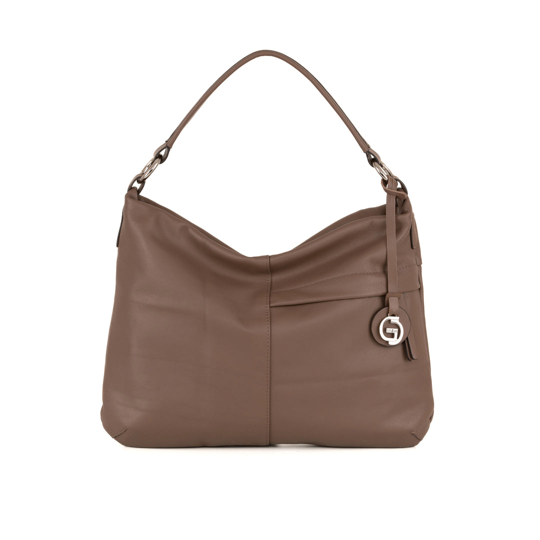 taupe leather shoulder bag with silver logo charm